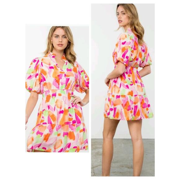 THML Dresses & Skirts - 5585) THML Multi Watercolor Smocked Print Flutter Dress Small